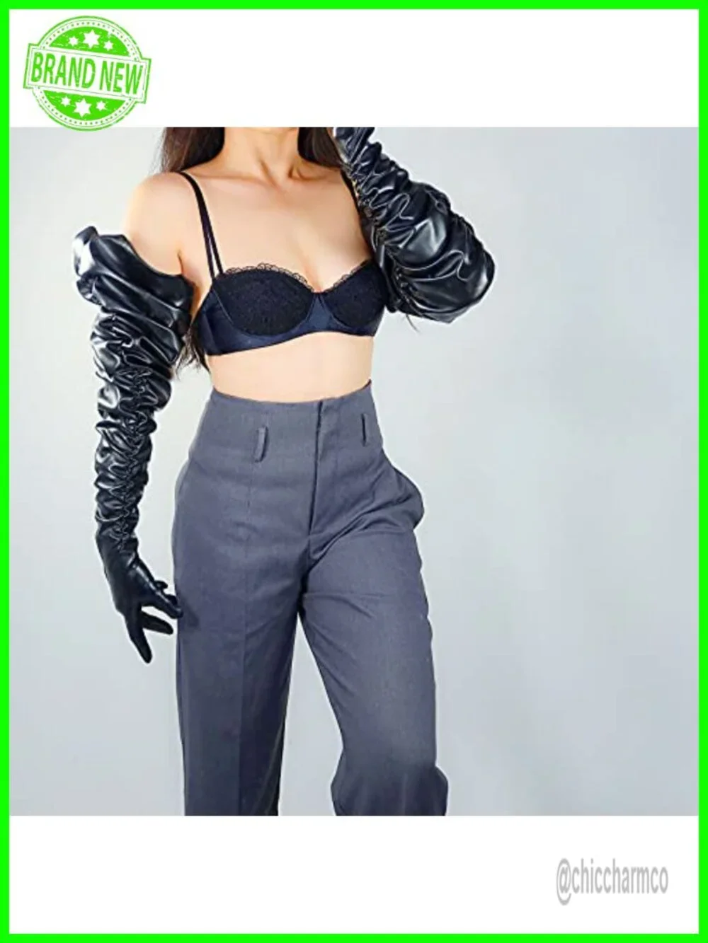 Faux Leather Ruched Pleated Wide Sleeve Shoulder Length Gloves